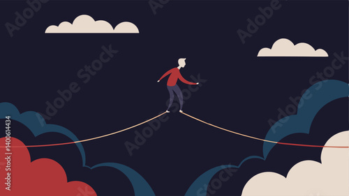 Balancing Act An illustration of a tightrope walker navigating a thin line over a deep abyss with clouds labeled selfdoubt swirling below symbolizing the delicate balance of