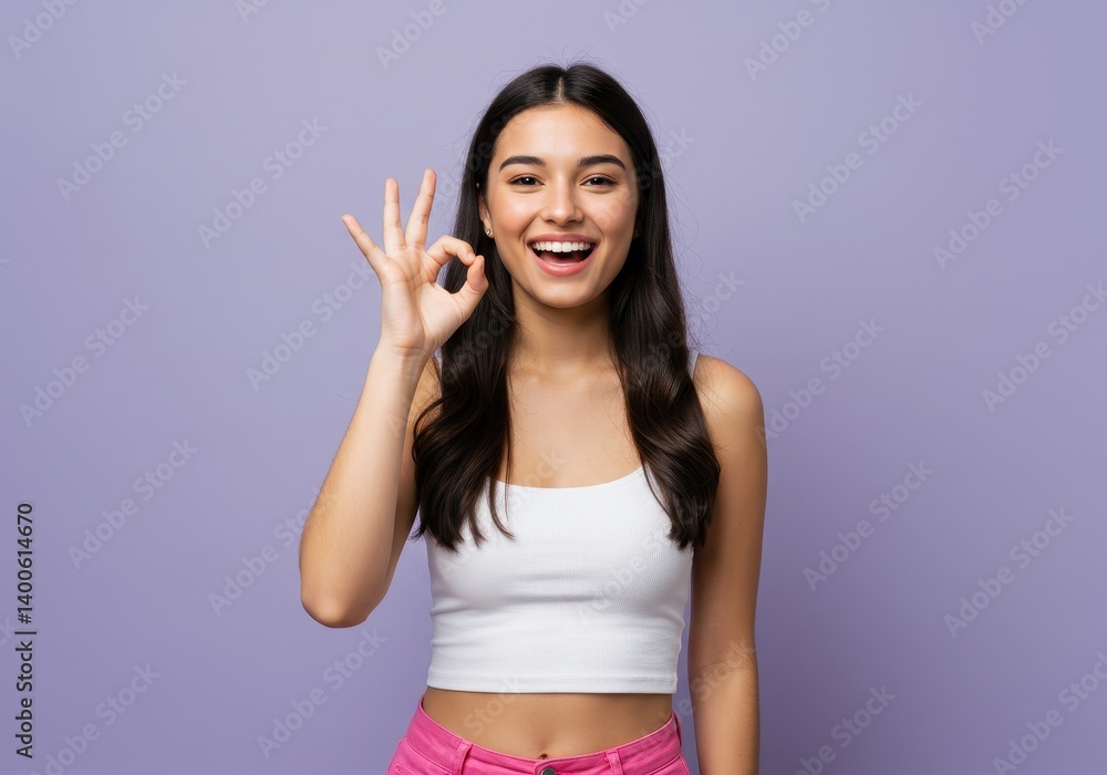 Young woman in white crop top and pink pants making OK gesture against light purple background expressing positivity and confidence Young woman in white crop top and pink pants making OK gesture against light purple background expressing positivity and confidence