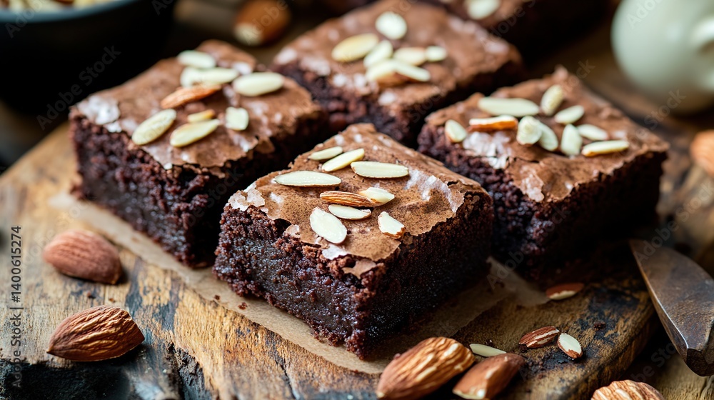 Chocolate brownies with a dense fudge center, topped with crunchy almond nuts Chocolate brownies with a dense fudge center, topped with crunchy almond nuts