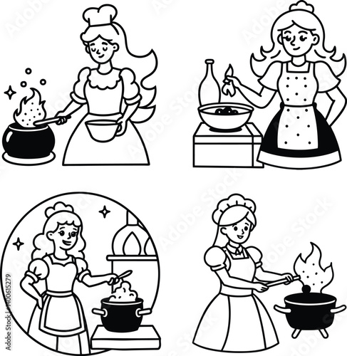 princess cooking in a fantasy kitchen black and white