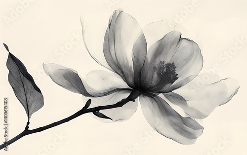 Minimalist hand-painted floral ink design on smooth canvas, single magnolia blossom in monochrome black ink, clean negative space, soft ambient lighting, flat lay perspective