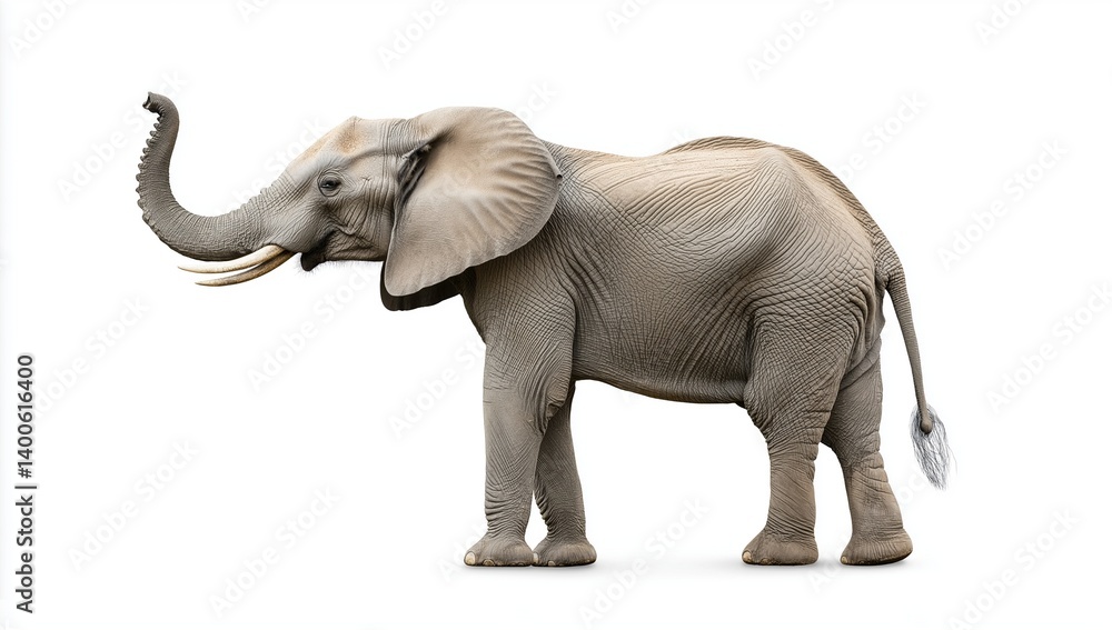 Obraz premium An elephant stands tall with its trunk raised.