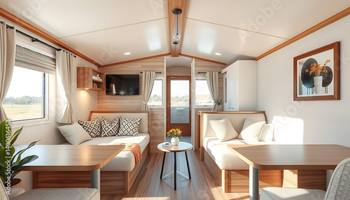 High-quality photos of well-designed and neatly arranged mobile homes: perfect HD content for professional websites, catalogs, social media, or tourism and hospitality projects.
