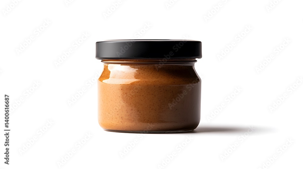 A jar of creamy peanut butter with a black lid sits on a white surface A jar of creamy peanut butter with a black lid sits on a white surface