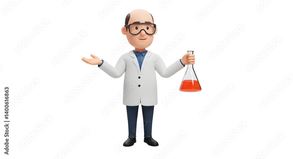 Cartoon scientist in lab coat holding flask with red liquid on a white background studio shot Cartoon scientist in lab coat holding flask with red liquid on a white background studio shot