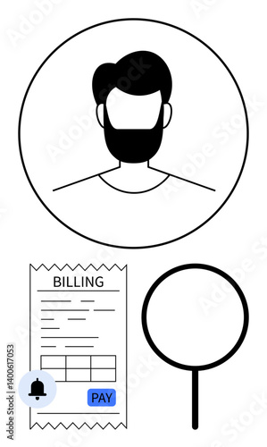 User avatar displayed in circular frame above billing receipt, payment button, and magnifying glass. Ideal for user verification, billing solutions, e-commerce, identity, payment tracking, audit