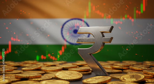 Indian Rupee Currency Symbol Stock Market Financial Growth Gold Coins India Flag