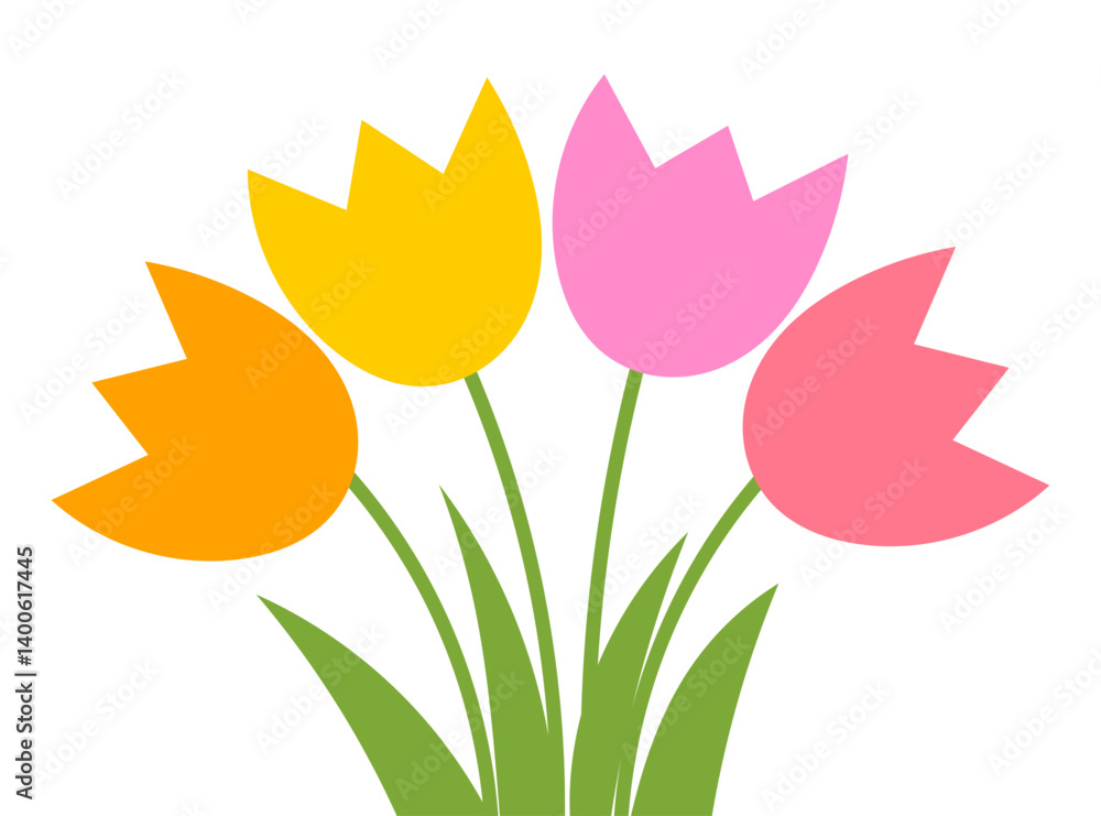 Tulip flowers bouquet flat design illustration isolated on white background. Colorful spring flowers. Vector art.