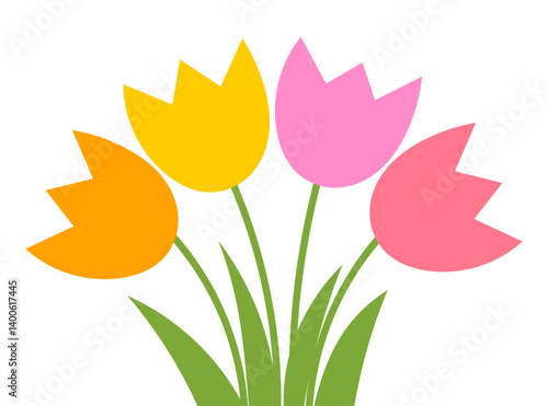 Obraz na płótnie Tulip flowers bouquet flat design illustration isolated on white background. Colorful spring flowers. Vector art. w salonie