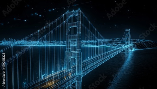 Fototapeta Naklejka Na Ścianę i Meble -  Digital representation of a iconic bridge at night.  A futuristic, wireframe design showcases the bridge's structure against a backdrop of a city and starry night sky