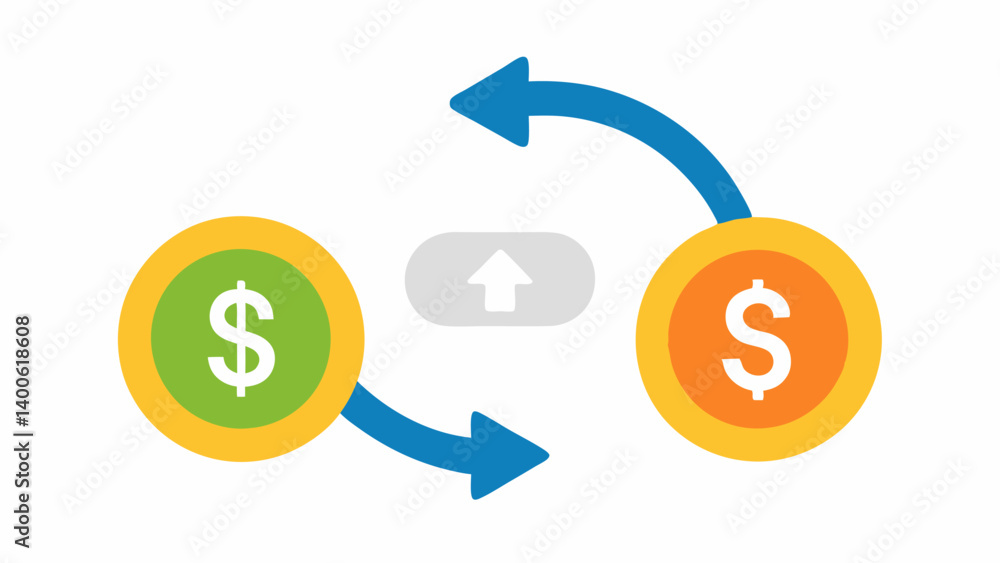 Currency Exchange A simple design showing two arrows exchanging digital coins with graphical currency symbols on either side to represent buying and selling actions. Currency Exchange A simple design showing two arrows exchanging digital coins with graphical currency symbols on either side to represent buying and selling actions.
