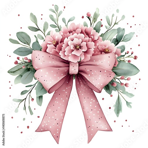 Watercolor floral bow with polka dot pattern