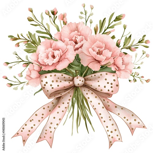 Elegant blush floral bouquet with polka dot ribbon