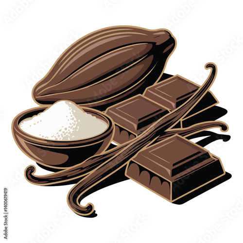 Cocoa beans, chocolate bars, sugar, and vanilla pods isolated on white background
