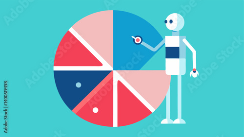 Market Segmentation A pie chart splitting into segments with an AI figure pointing at the different sections indicating how AI helps in segmenting the market for targeted