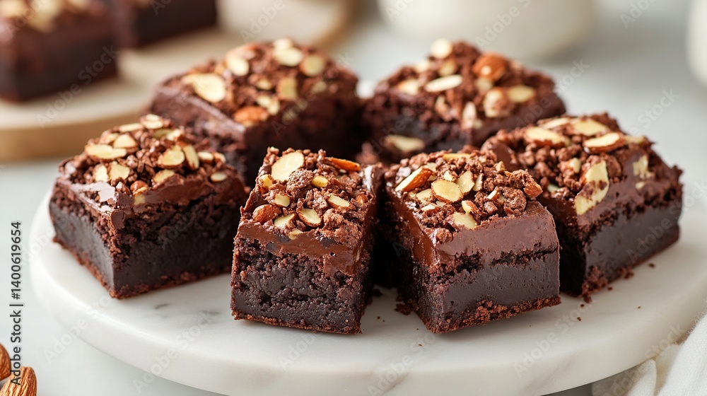 Chocolate brownies with a dense fudge center, topped with crunchy almond nuts Chocolate brownies with a dense fudge center, topped with crunchy almond nuts