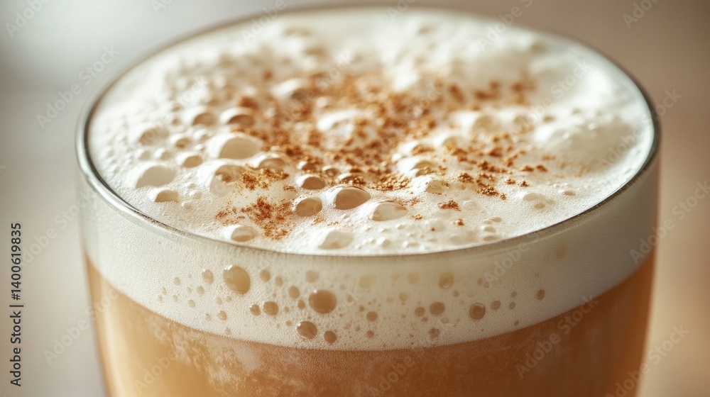 Close-up of foam cap on beer with added spices creating an appetizing look. Suitable for beverage advertising, restaurants and culinary blogs.