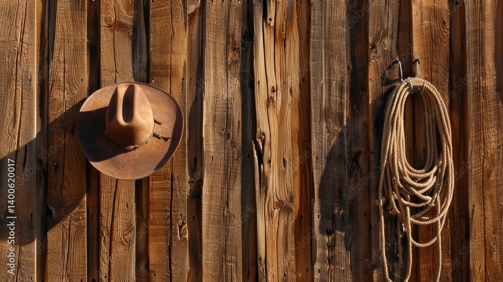 Cowboy hat and lasso on a wooden wall. Suitable for themes related to western culture, travel and adventure.