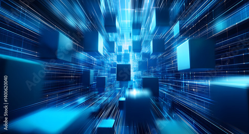 Abstract digital network with blue cubes and lines creating a futuristic perspective  suggesting data flow in a technological environment.
