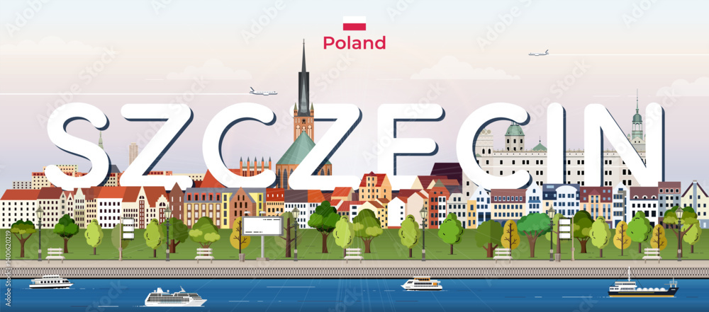 Szczecin cityscape colorful vector illustration with big city name on the background. Travel trendy poster