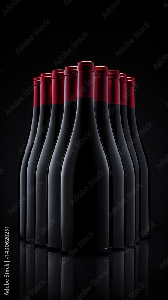 Stylish wine bottles with red corks on black background, emphasizing elegance and luxury, suitable for advertising alcoholic beverages, restaurants, wine stores.