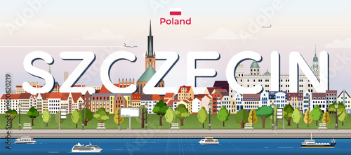 Obraz na płótnie Szczecin cityscape colorful vector illustration with big city name on the background. Travel trendy poster w salonie