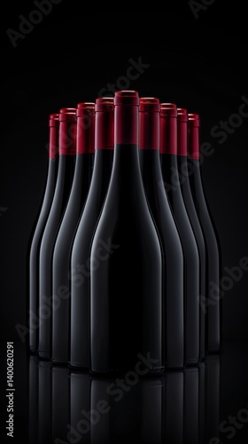 Obraz na płótnie Stylish wine bottles with red corks on black background, emphasizing elegance and luxury, suitable for advertising alcoholic beverages, restaurants, wine stores. w salonie