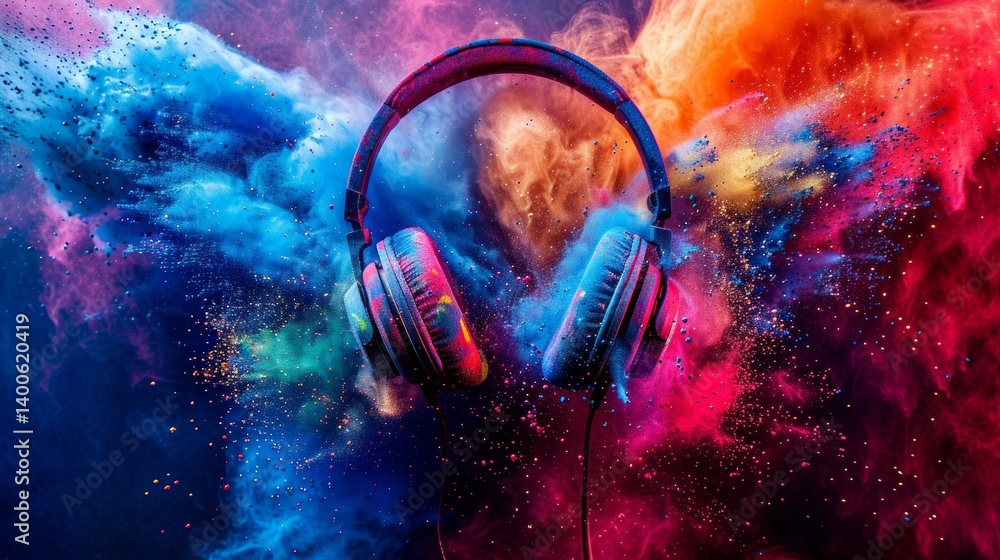 Bright headphones on the background of space cloud of colors. Background for music projects, advertising of audio equipment.