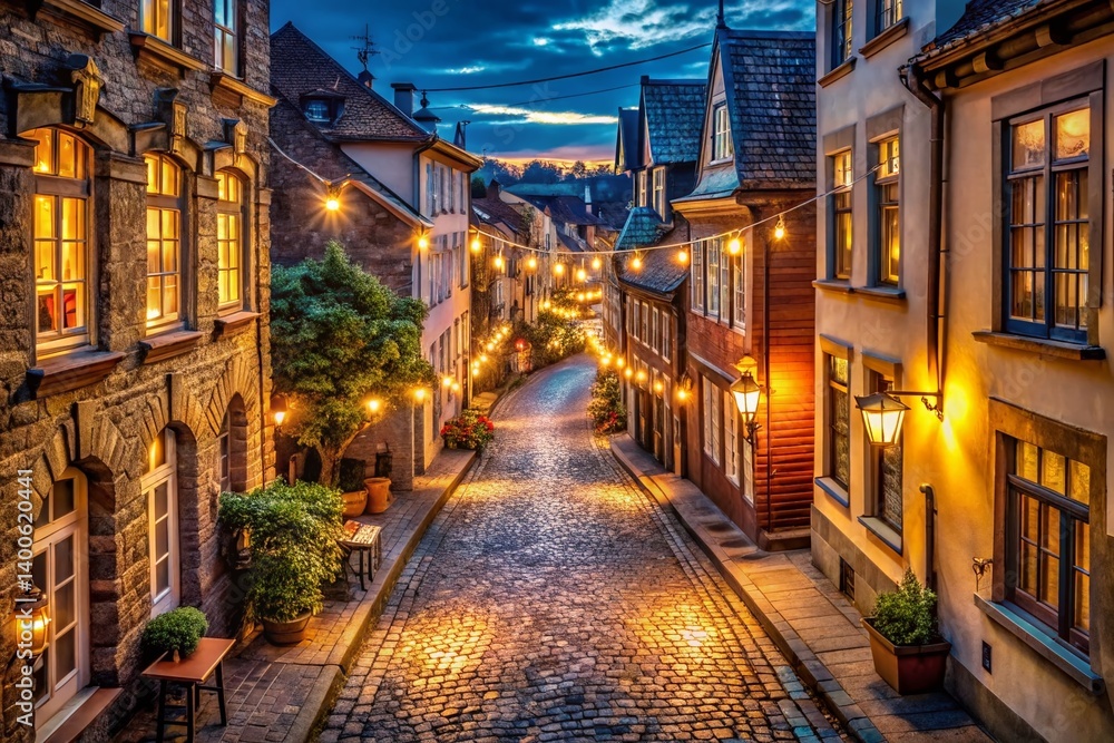 Fototapeta premium Charming Cobblestone Street at Night, Colorful String Lights, Romantic Urban Scene