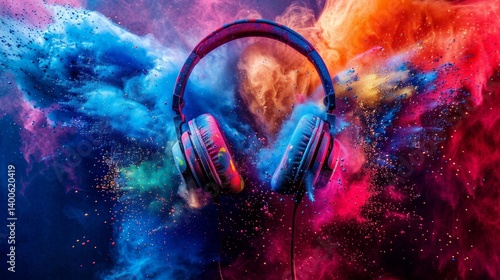 Obraz na płótnie Bright headphones on the background of space cloud of colors. Background for music projects, advertising of audio equipment. w salonie