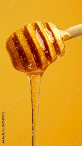 Obraz na płótnie Honey syrup dripping from a wooden spoon on bright background. Suitable for cooking blogs, food advertising, articles about healthy eating. w salonie