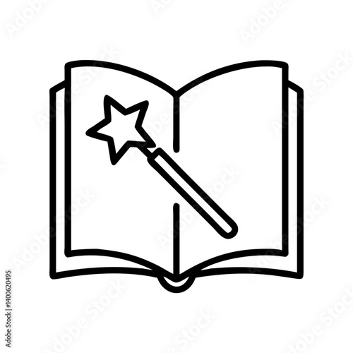 Magic book with wand vector illustration, wizard spellbook icon, fairytale story, fantasy novel art