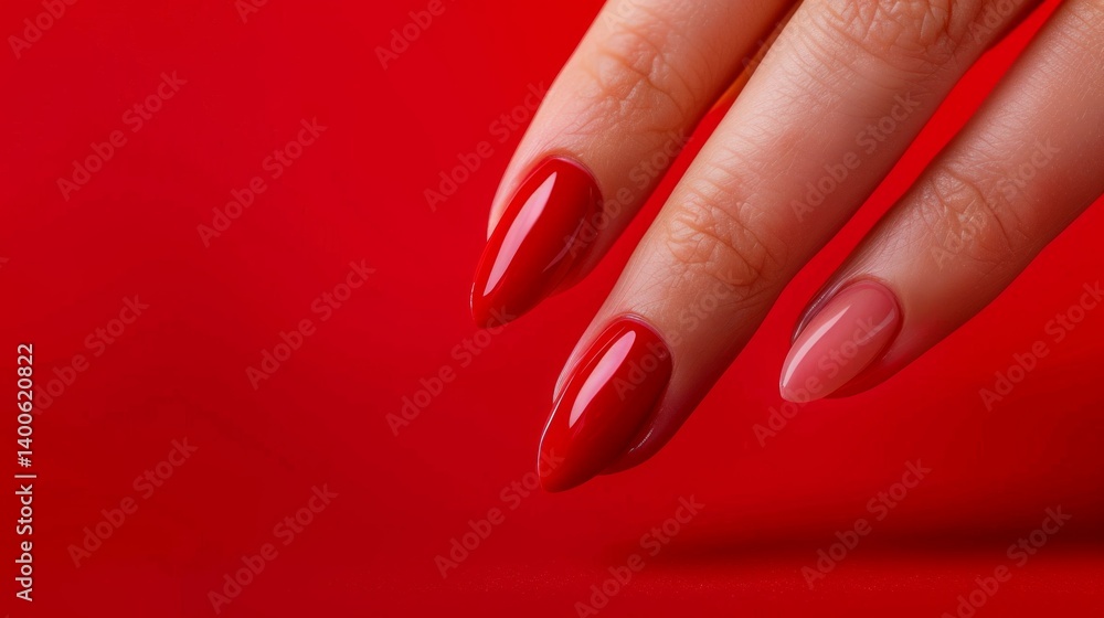 Female hand with long red nails on red background. Suitable for beauty blogs, cosmetics advertising, nail salons.
