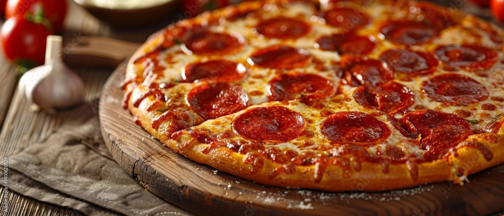 Pepperoni pizza on wooden board, tomato and garlic next to it. Great for cooking blogs, recipes, pizzeria ads.