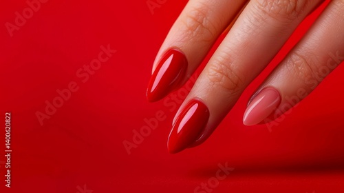 Obraz na płótnie Female hand with long red nails on red background. Suitable for beauty blogs, cosmetics advertising, nail salons. w salonie
