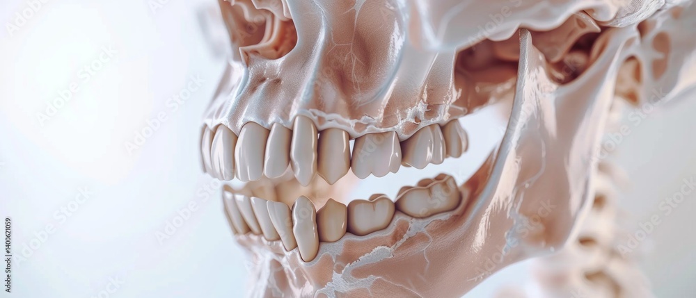 Detailed skull with teeth, perfect for medical or educational materials, scientific articles, presentations.