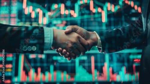 Obraz na płótnie Handshake of two people in business suits on the background of blurred graphs and figures. Ideal for business presentations, company websites, partnership articles. w salonie