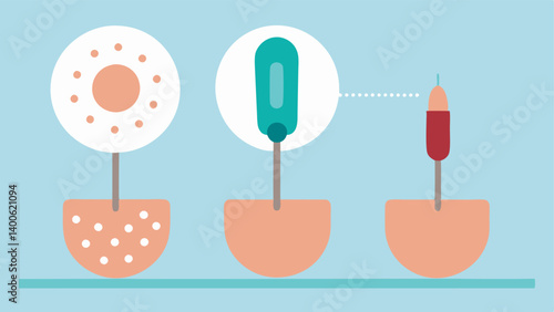 Microneedling Process A sequence of three images showing the microneedling process – the device in contact with the skin the needles trating the surface and a closeup of the skin