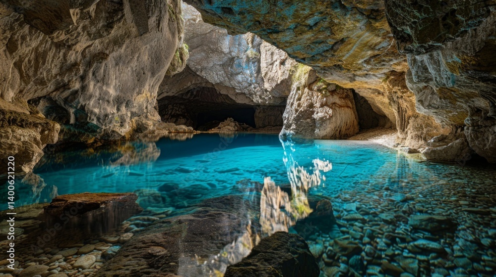 Underwater cave with crystal clear water and stone walls, illuminated by sunlight. Perfect for traveling, adventure, natural scenery.