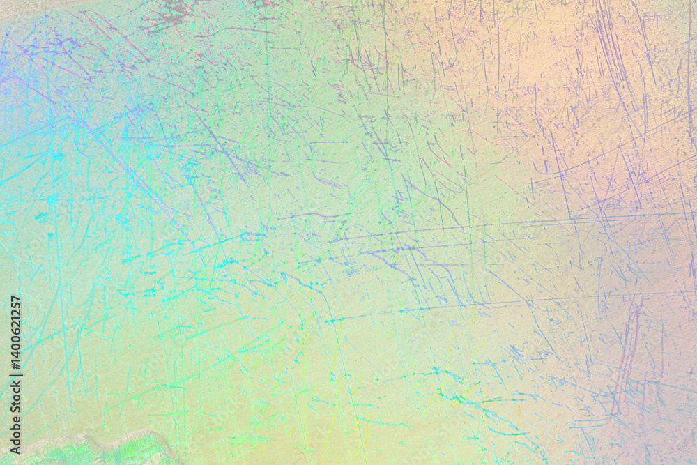 Fototapeta premium Scratched iridescent grainy film texture background showing colorful patterns and intricate details from various lighting angles.