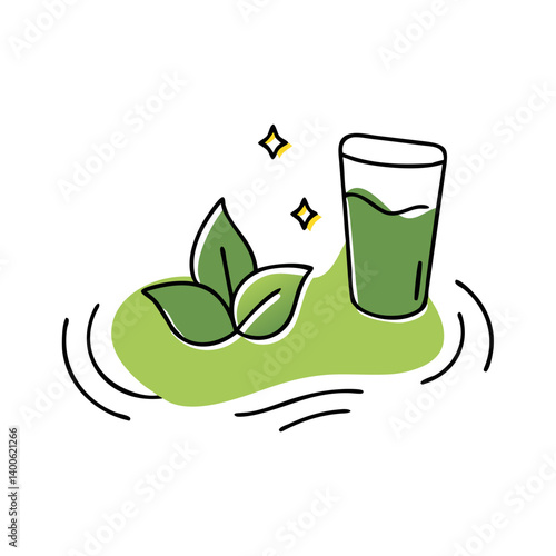 Fresh green juice with leaves on a vibrant background  