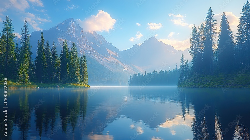 Serene Mountain Lake Landscape with Reflections and Forest Scenery View Serene Mountain Lake Landscape with Reflections and Forest Scenery View