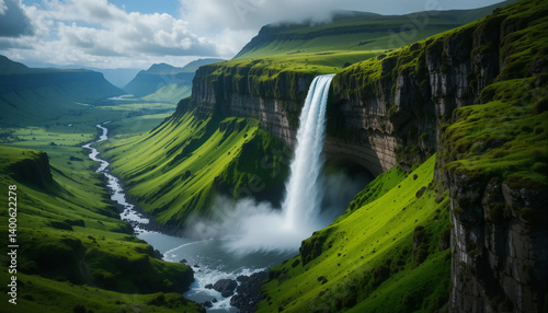 Iceland waterfall Skogafoss in Icelandic nature landscape. Famous tourist attractions and landmarks destination in Icelandic nature landscape on South Iceland, Drone View