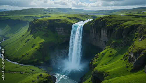 Iceland waterfall Skogafoss in Icelandic nature landscape. Famous tourist attractions and landmarks destination in Icelandic nature landscape on South Iceland, Drone View