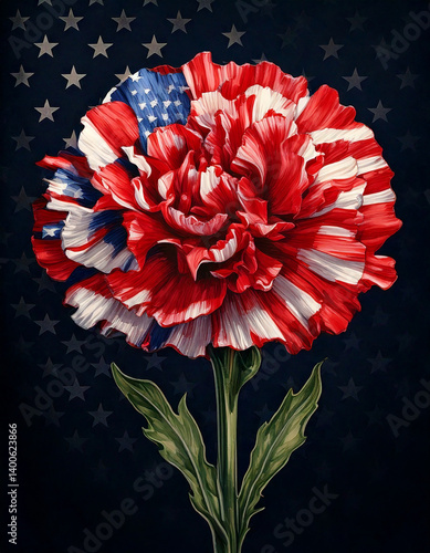 American flag carnation flower with flag background, patriotic stars and stripes, red, white, and blue flower symbol for patriotism, American pride.