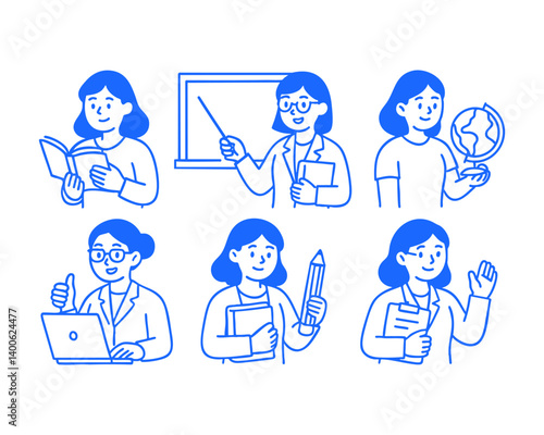 woman teacher doodle cartoon drawing vector illustration set

