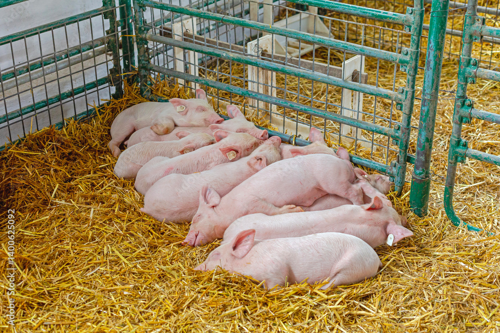 Piglets Keeping Warm Together Sleeping in Enclosure at Animal Farming