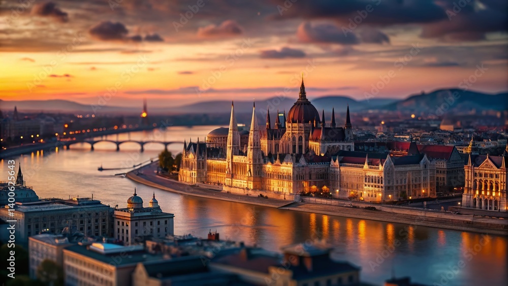 Obraz premium Budapest Skyline Tilt-Shift Miniature Cityscape - Generative AI Photo