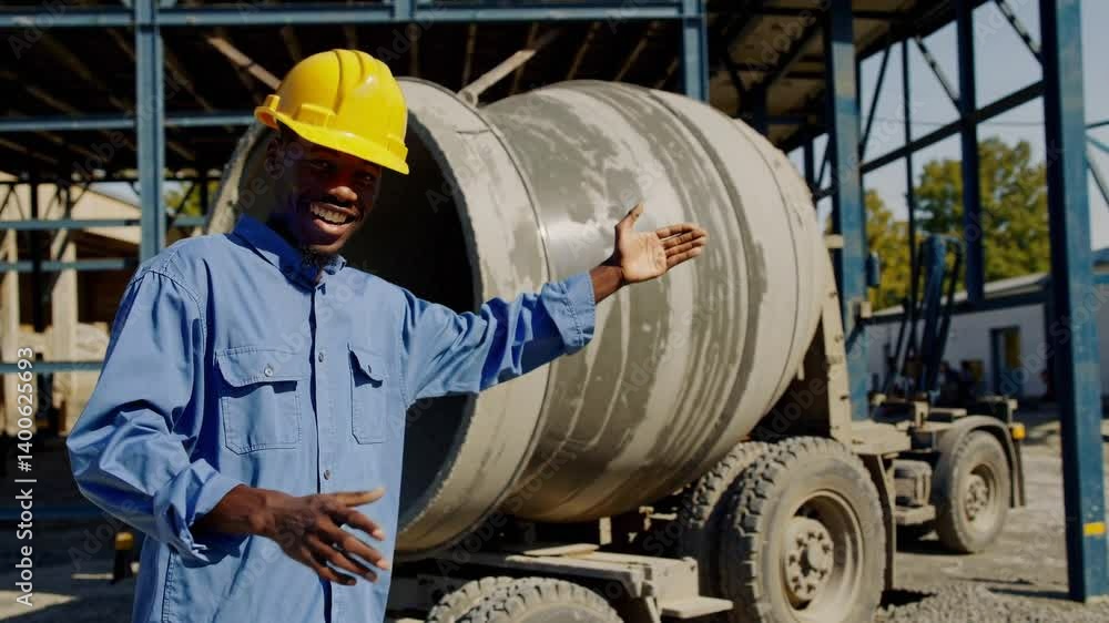Portrait happy worker of concrete factory, young man in uniform with hard hat on background cement mixer truck. Portrait happy worker of concrete factory, young man in uniform with hard hat on background cement mixer truck.