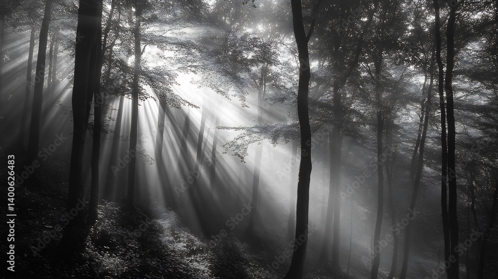 Naklejka premium Sunlit Forest Path: A Monochromatic Masterpiece